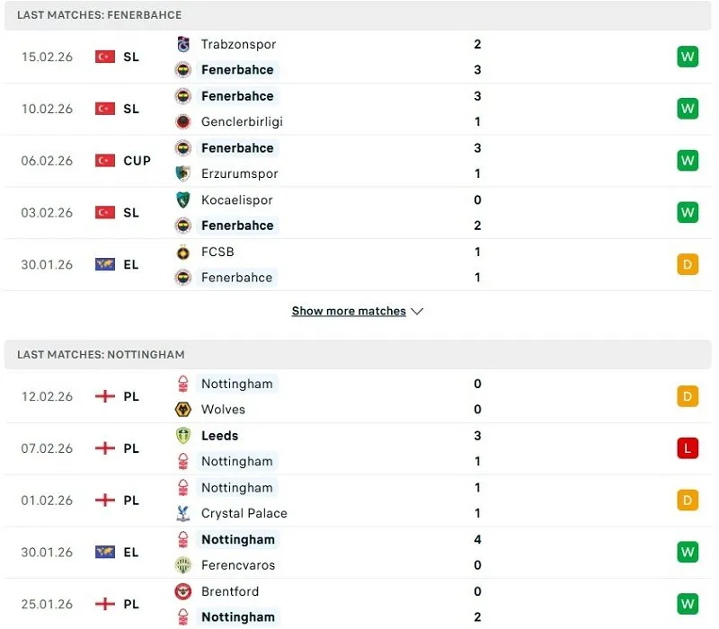 Phong độ của Fenerbahce vs Nottingham Forest thời gian gần đây